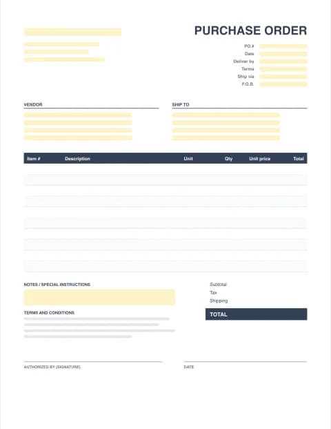 Materials Purchase Order Template: blank PDF purchase order template preview with item number, unit, qty and unit price columns