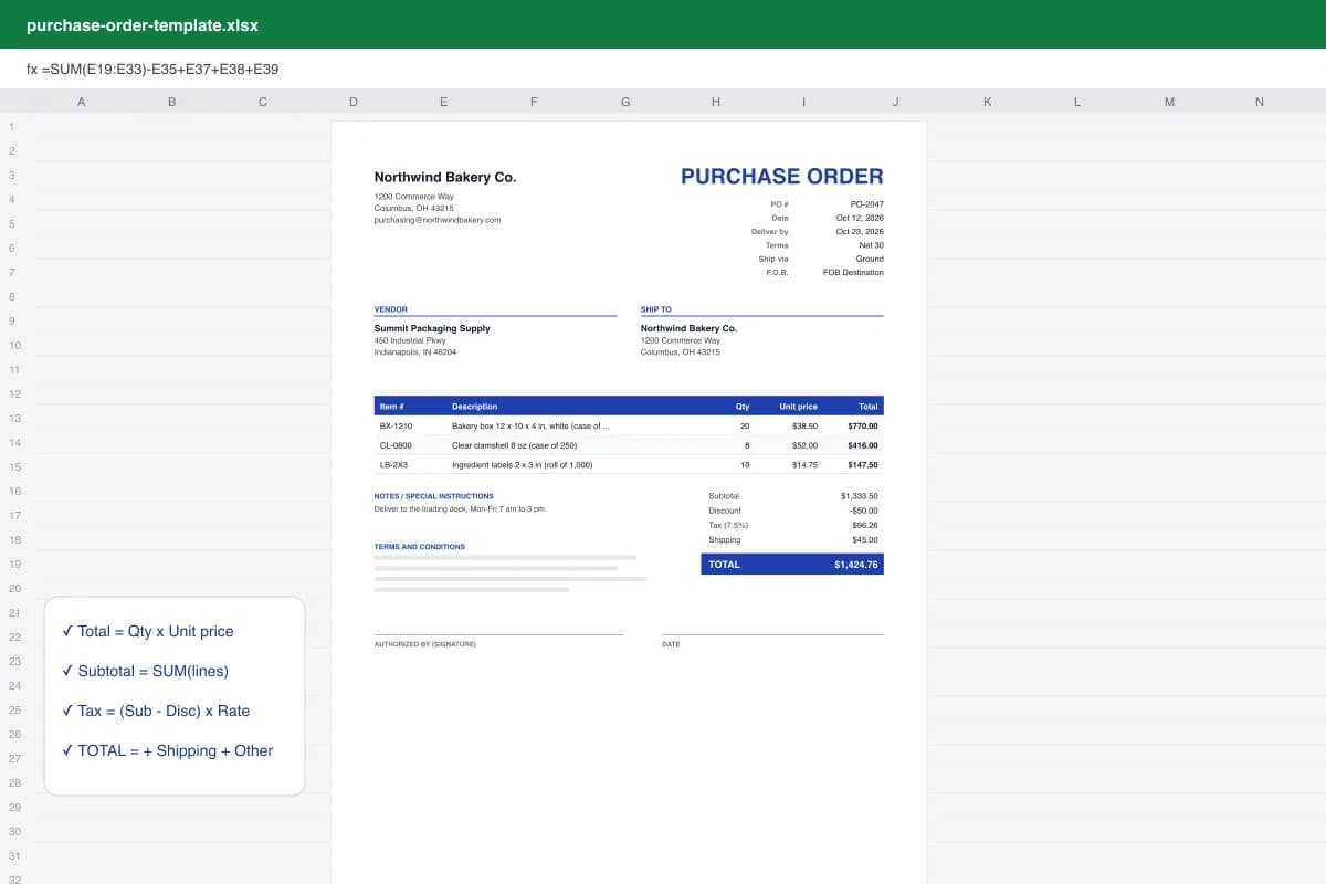 Purchase order template example in Excel showing vendor, ship-to, line items, sales tax, shipping and PO total formulas