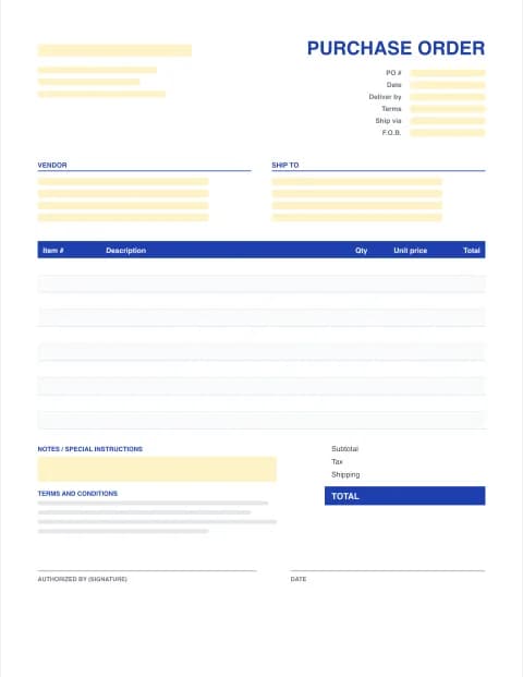 Standard Purchase Order Template: blank PDF purchase order template preview with item number, qty and unit price columns